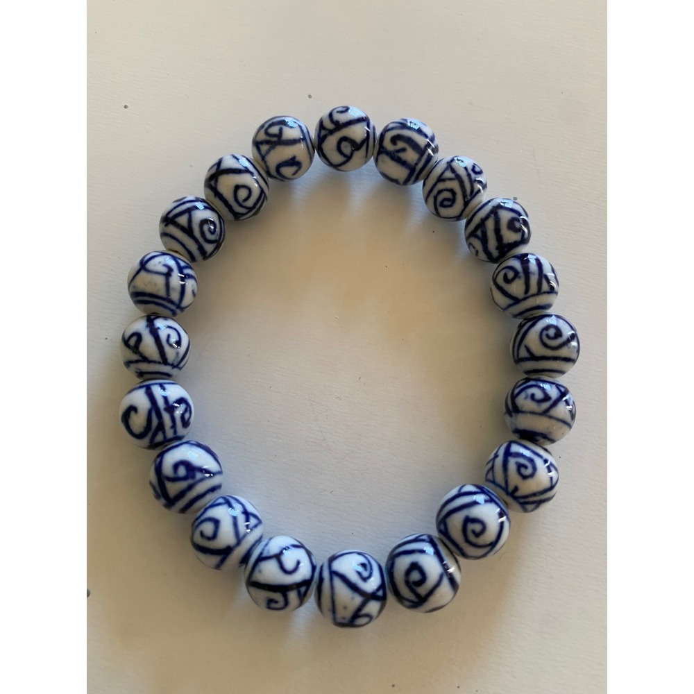 Blue and White Porcelain Bead Stretch Bracelet Hand Painted Swirl Design